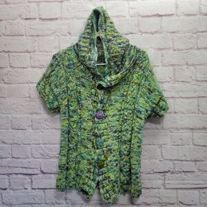 Chunky Knit Hooded Cardigan Short Sleeve‎ Sweater Sz M Artsy Button Cozy Boho
